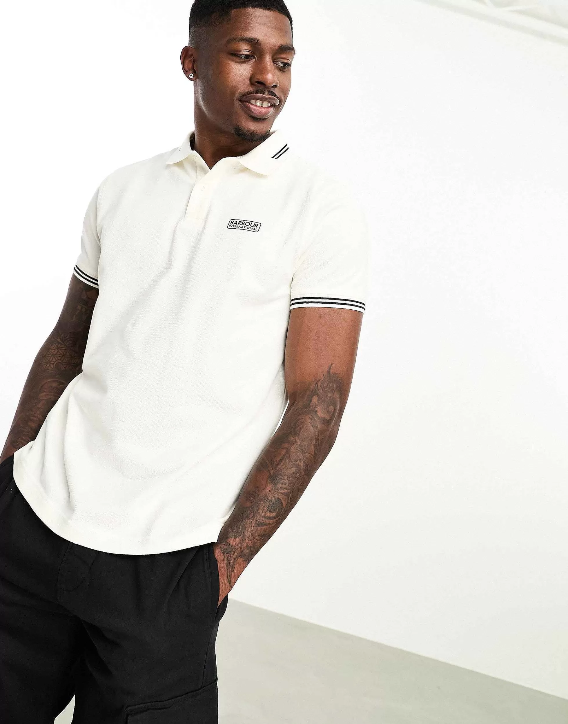 Men Barbour International Essential Tipped Short Sleeve Polo Shirt In Off White