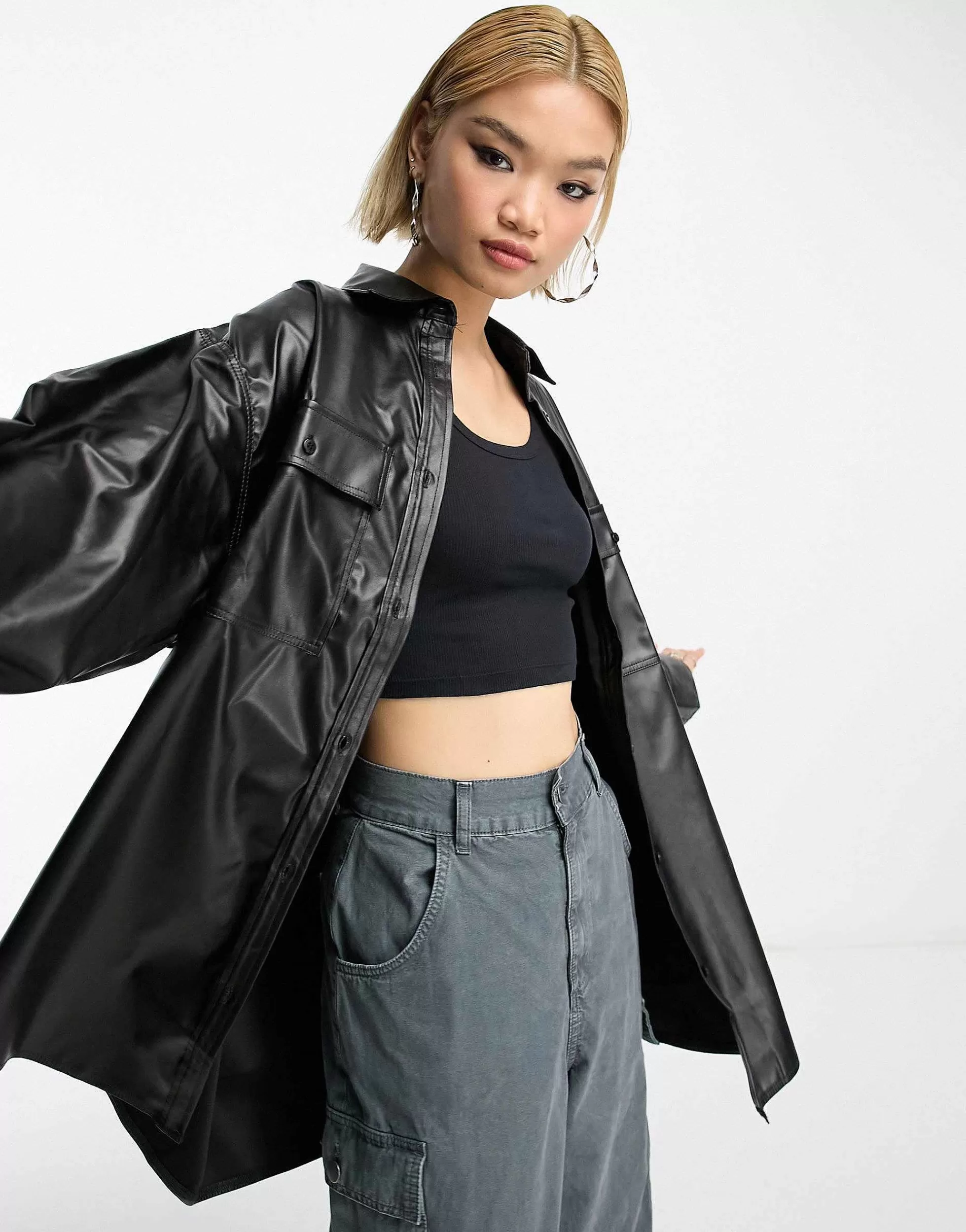 Women DESIGN Pu Oversized Shirt With Wide Cuff Detail In