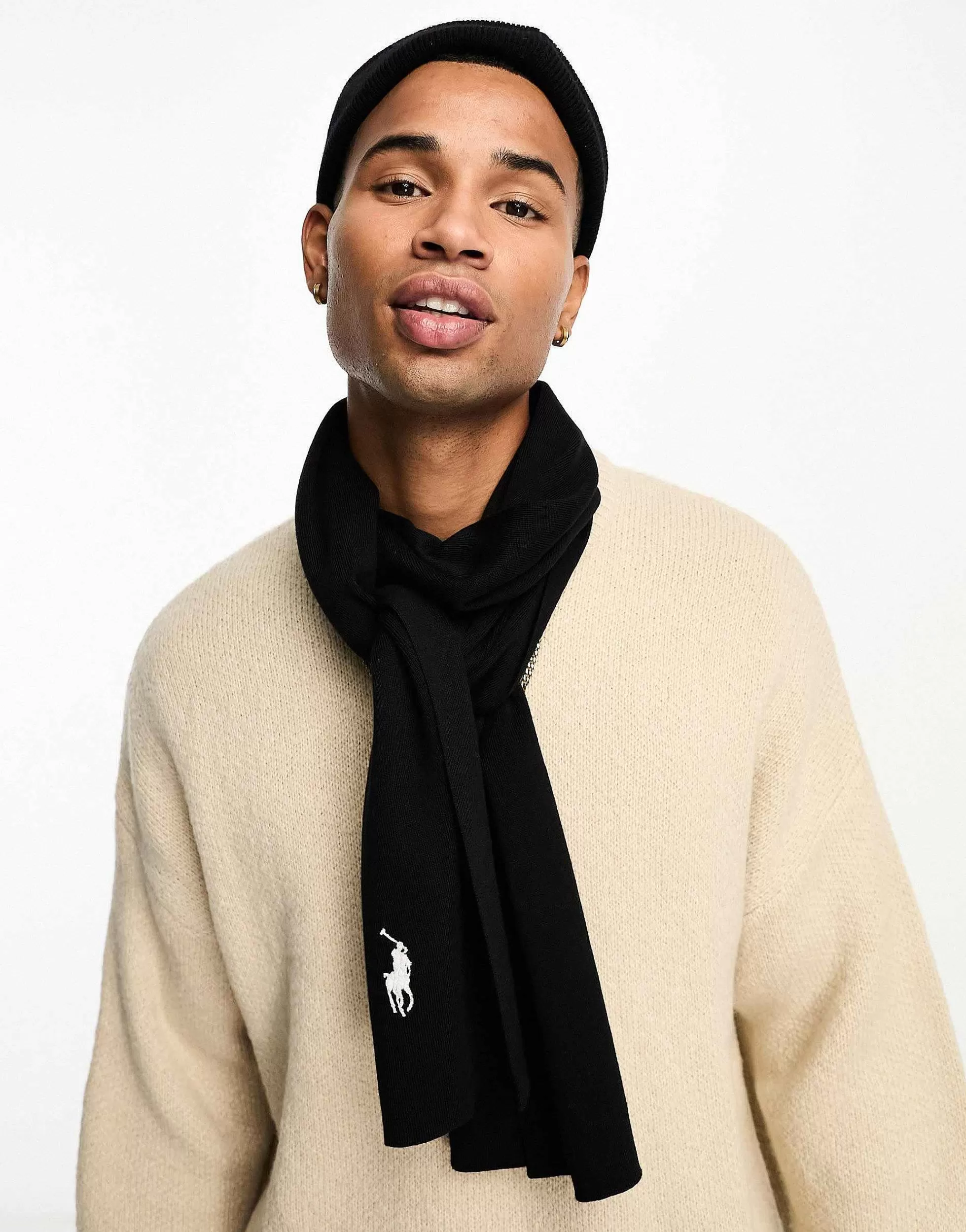 Men Polo Ralph Lauren Ribbed Pima Cotton Scarf In Black With Logo