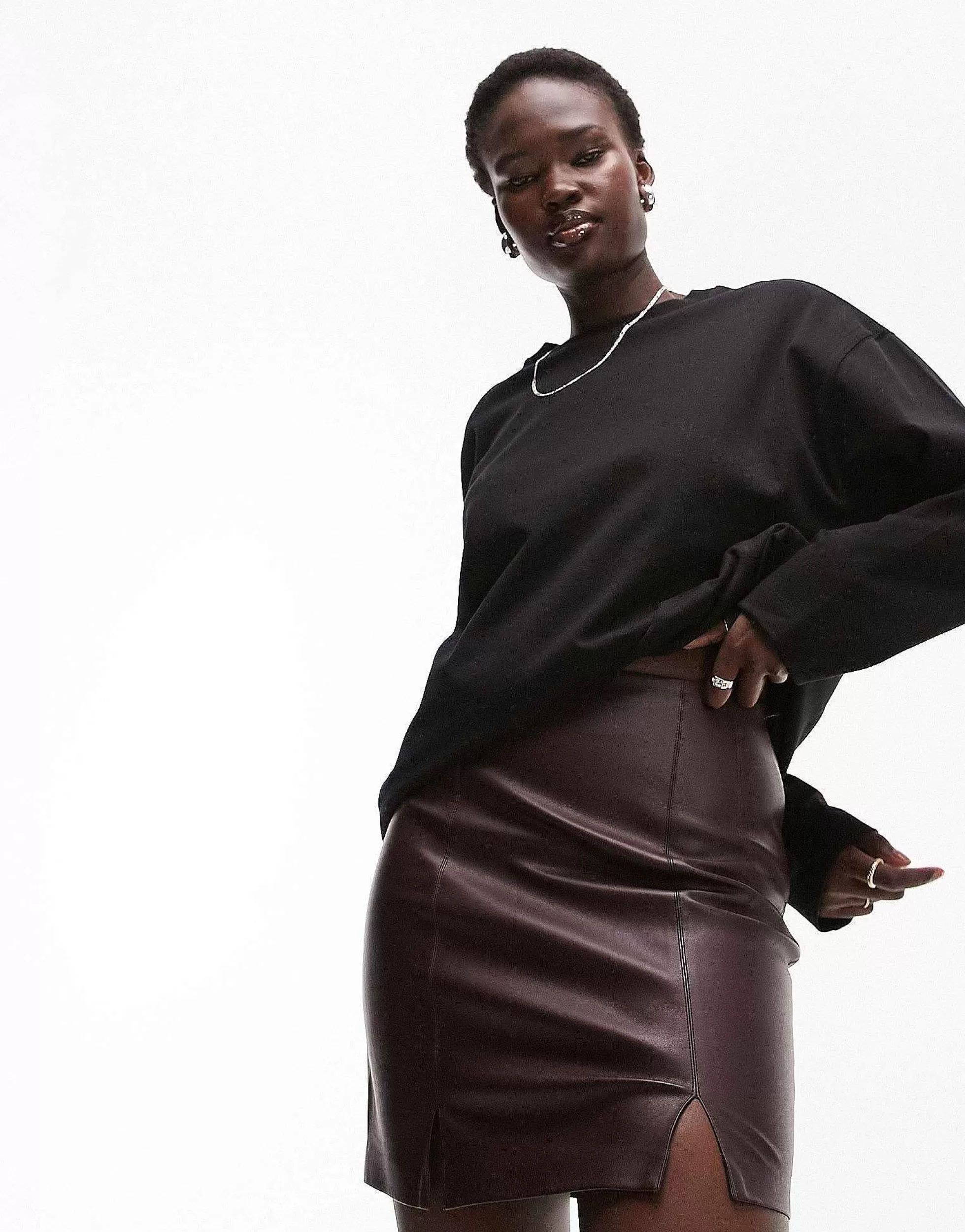 Women Topshop Tall Leather Look Split Detail Mini Skirt In